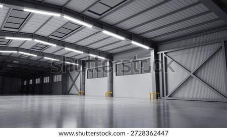 3D illustration. New empty warehouse or factory. Logistics center. Open space