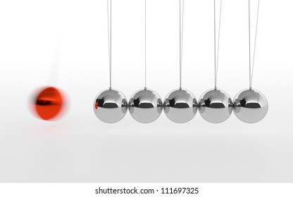 3D illustration of Newton's cradle with one red ball isolated on white