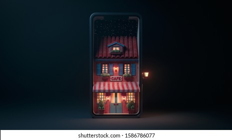 3d illustration night scene of cafe with striped awning, blue shutters and door on smartphone screen with stars. Concept art online cafe reservation. Yellow light from the windows late in the evening. - Powered by Shutterstock