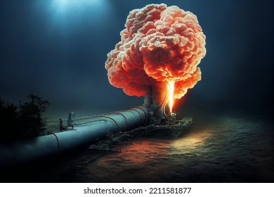 3D Illustration Of The Nord Stream Pipelines Explosion. Gas Underwater Explosion
