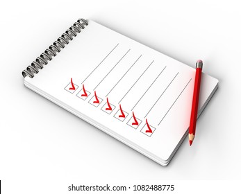 3d illustration of notepad with check list, all tasks is done