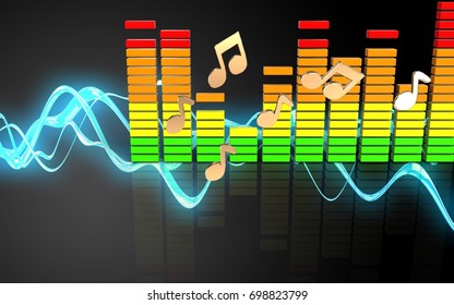 3d illustration of notes over sound wave black background
