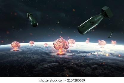 3D Illustration Of Nuclear Explosion Over Planet Earth. World War, End Of Civilization. Elements Of Image Provided By Nasa