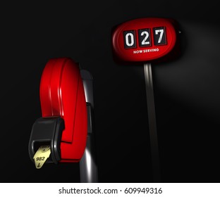 3D Illustration Of A Number Dispenser With Ticket Nine Hundred Eighty-two Ready To Be Torn Off. The Background Shows Number Twenty-seven Is Now Being Served. A Metaphor For Patience Or Bureaucracy.