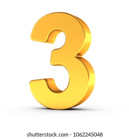 3D Illustration Of The Number Three As A Polished Golden Object Over White Background With Clipping Path For Quick And Accurate Isolation.