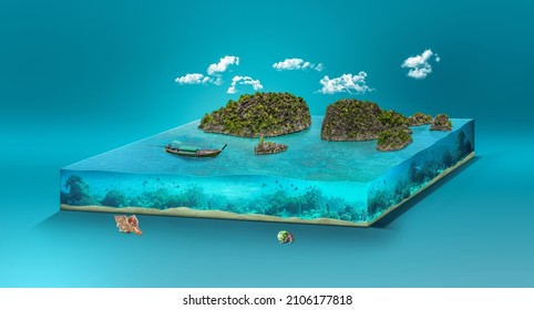3d illustration of ocean with boat isolated with clouds. Travel and vacation background. Thailand tourism ads