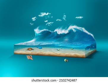 3d illustration of ocean isolated with clouds. Travel and vacation background. beautiful Surfing waves with underwater scene isolated. 