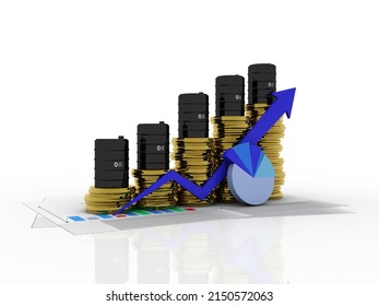 3d Illustration Oil Barrel With Graph Near Gold Coin

