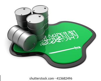 3d Illustration Of Oil Barrels And Saudi Arabia Flag