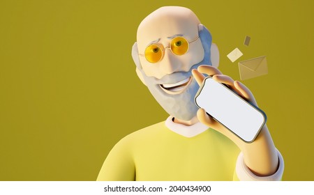 3D Illustration of a old man with gray hair and beard, wearing tinted glasses, showing a empty smartphone display directly into the camera, happy yellow colors with copy space and a yellow backgorund - Powered by Shutterstock