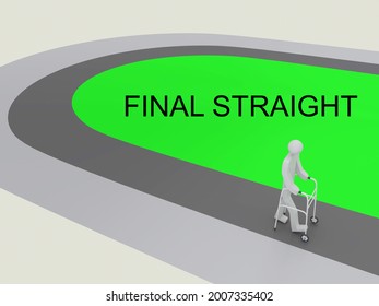 3D illustration of an old person with a walker in the final straight in a sport stadium, symbolical resemblance of the last chapter of his life.