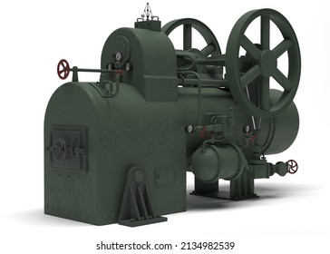 3d Illustration Of An Old Rational Steam Engine Isolated On A White Background. Steampunk Style Unit.