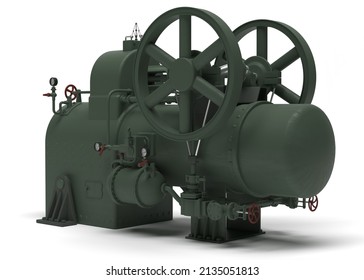 3d Illustration Of An Old Rational Steam Engine Isolated On A White Background. Steampunk Style Unit.