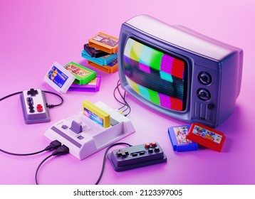 3d Illustration. Old-fashioned TV Set With Gamepads, Game Console And Floppy Disks
(cartridges) In Pink Blue Gradient Neon Light. Retro Media, 90s Entertainment. 3d Rendering.