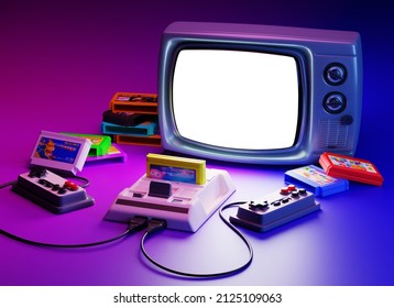 3d Illustration. Old-fashioned TV Set With Gamepads, Game Console And Floppy Disks(cartridges). Retro Media, 90s Entertainment. 3d Rendering. With A White Background On The Screen, For Your Image.