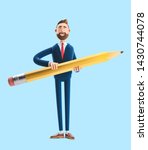 3d illustration on blue background. Cartoon character Billy with a big pencil. 