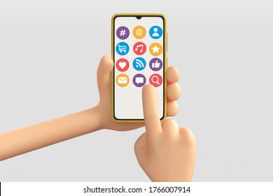 3D illustration on hand using mobile phones, technology applications icons   like, star, email, message, online shopping above smartphone screen, digital marketing concept