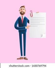 3d illustration on pink background. Handsome cartoon character Billy holds a completed document. 
