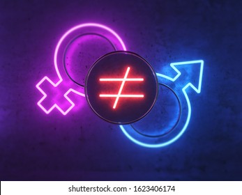 3D Illustration On The Topic Of Gender Inequality. Neon Icons For Men And Women. Icon Of Inequality. The Difference Between A Man And A Woman. Domestic Problems. 3D Rendering And 3D Illustration.