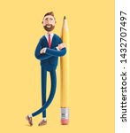 3d illustration on yellow background. Cartoon character Billy with a big pencil. 