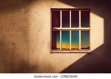 3D Illustration Of One Wooden Window From An Abandoned House Being In The Summer,  Beautifully Lit, Bokeh.