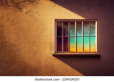 3D Illustration Of One Wooden Window From An Abandoned House Being In The Summer,  Beautifully Lit, Bokeh.