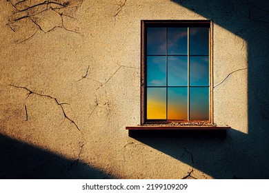 3D Illustration Of One Wooden Window From An Abandoned House Being In The Summer,  Beautifully Lit, Bokeh.