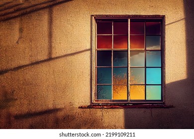 3D Illustration Of One Wooden Window From An Abandoned House Being In The Summer,  Beautifully Lit, Bokeh.