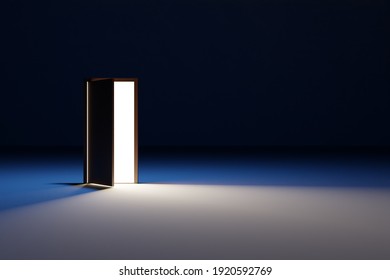 3d Illustration Of  Open Door From Which White Light Shines In A Dark Room With  White Lights. Riddle, Adventure And Mystic Concept