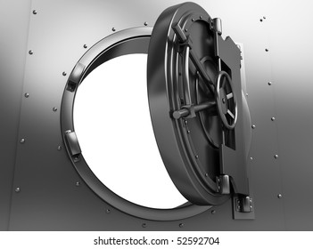 3d illustration of opened bank vault door, over white background