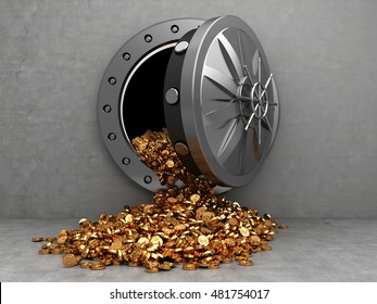 3d illustration of opened vault door and golden coins