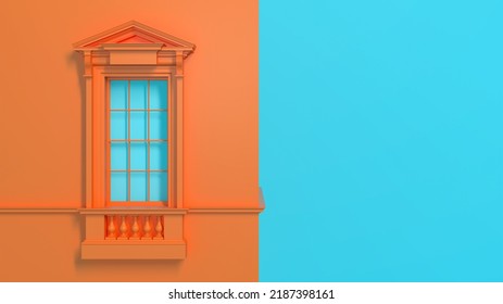 3D Illustration In Orange And Blue Of Neo Classical Ornamented Window.