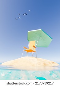 3D Illustration Of Orange Deckchair With Mint Parasol Located On Small Sandy Island In Sea Against Cloudy Blue Sky With Birds On Summer Day On Resort