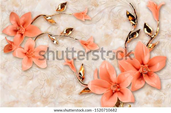 3D illustration orange flower, marble background and gold floral