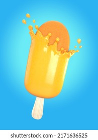 3D Illustration Of Orange Ice Cream Bar With Orange Juice Splash, Work Path Or Clipping Path Included