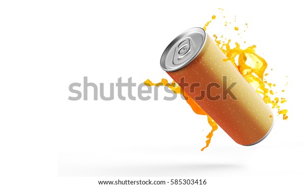 白い背景に3dイラストオレンジジュースのスプラッシュ缶 のイラスト素材 585303416