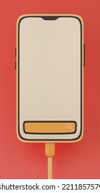 3d Illustration Of Orange Mobile Phone With Browser Search Button And Charger Against Gradient Red Background.  3d Illustration Highly Usable. Mobile Mock Up. White Screen. Autumn Phone, Charging.