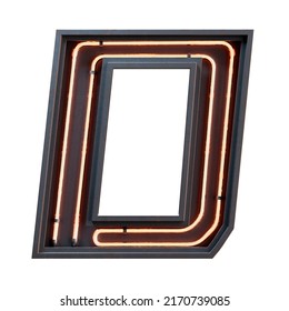 3D illustration of orange Neon light alphabet character Capital letter D. Neon tube Capital letter orange glow effect in black metal box.3d rendering isolated on white background.
