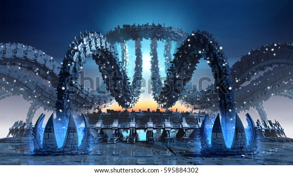 3D Illustration of organic\
architecture with a futuristic structure mimicking octopus\
tentacles and waterlilies, for fantasy or science fiction\
backgrounds. 