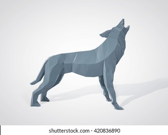 3D Illustration Of Origami Wolf Howling. Polygonal Wolf Side View. Geometric Style Grey Wolf. Triangle Wolf. 