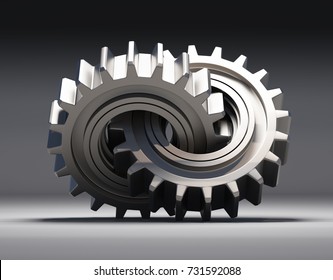3D illustration. A pair of interlaced gears made out of metal.
 