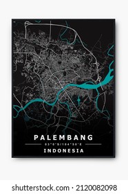 3D Illustration Of Palembang City Street Map Indonesia Using Simple Black Frame Mockup With Design Space