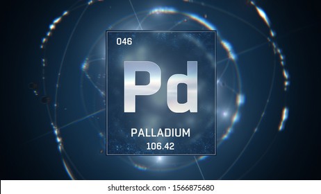 3D illustration of Palladium as Element 46 of the Periodic Table. Blue illuminated atom design background with orbiting electrons. Design shows name, atomic weight and element number