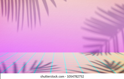 3d illustration of palm leaves shade on pink background. New retro wave landscape with blue laser floor.