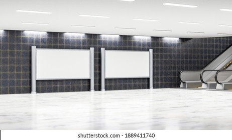 3D illustration, Panoramic two large mock up blank advertising billboard near basement escalator in building, Empty space to insert advertisement or information announcement on public, rendering