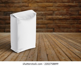 3D Illustration. Paper Bag Packaging Mockup Isolated On Wooden Background.