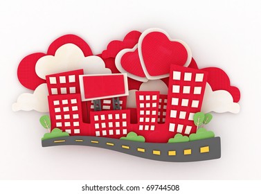 3D Illustration Of A Paper Sculpture Of A Mini City With Heart-shaped Clouds In The Background