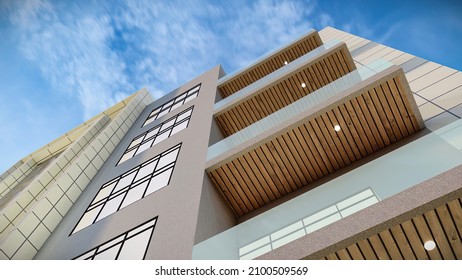 3d Illustration Of Parallel Building Front Facade Redesign, Artwork Of Exterior, Rendering 