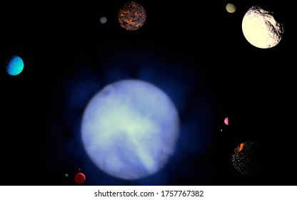 3D Illustration Of A Parallel World. A Realistic System Consisting Of Planets And The Blue Dwarf Star. 3D Render.