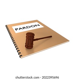 3D Illustration Of PARDON Script On A Booklet Along With A Judge Gavel, Isolated On White.